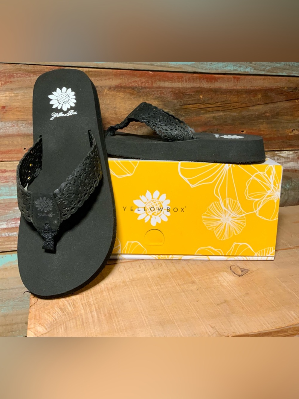 Yellow Box Black Crochet Platform Flip Flops